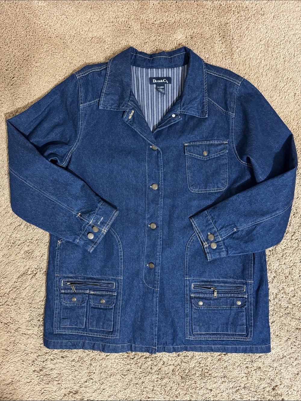 Denim & Co. Dark Blue Denim Chore Jacket Patch Pockets XL Streetwear Utility